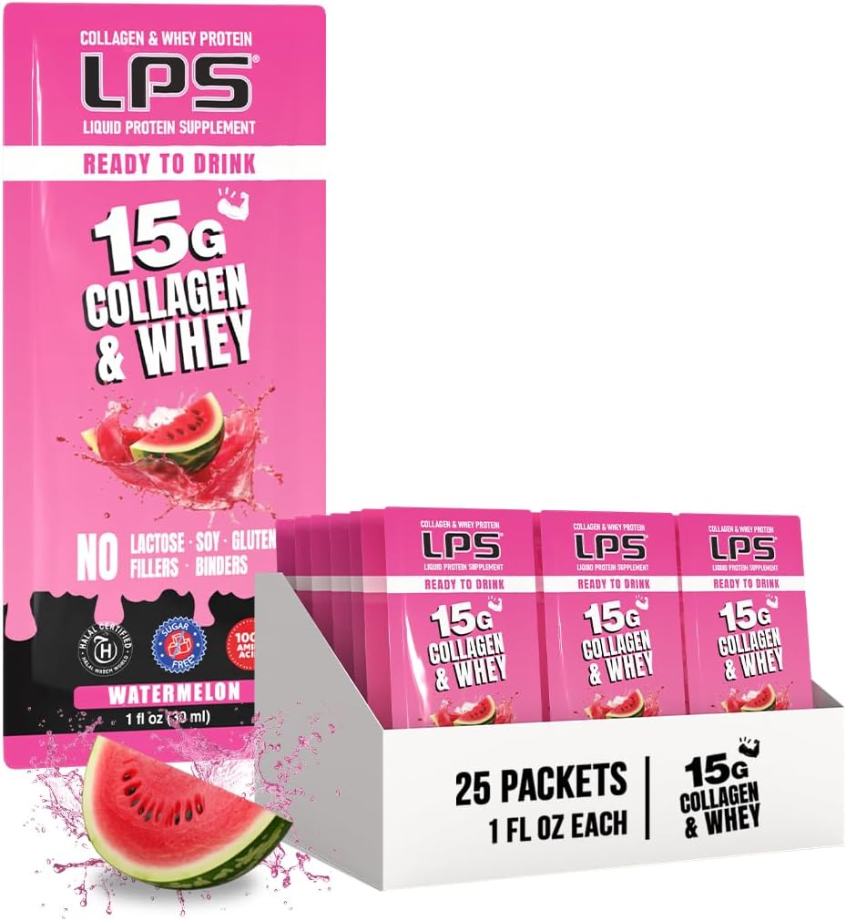 LPS Collagène liquide et supplément de protéines de lactosérum - boisson non-OGM, sans sucre - favorise la santé de la peau et des cheveux pour les hommes et les femmes, pastèque, service unique (50 paquets)