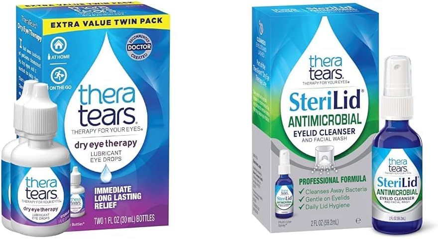 TheraTears Sec Eye Therapy Lubrifiant gouttes pour les yeux secs, 1 fl oz bouteille Twin Pack & SteriLid nettoyage des paupières et lavage du visage, pour les yeux irrités, 2 fl oz spray