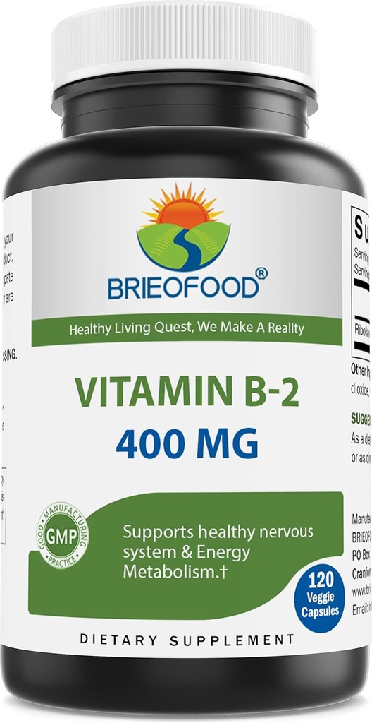 Brieofood Vitamine B2 (Riboflavine) 400mg, 120 Capsules de légumes - Sans gluten, sans OGM