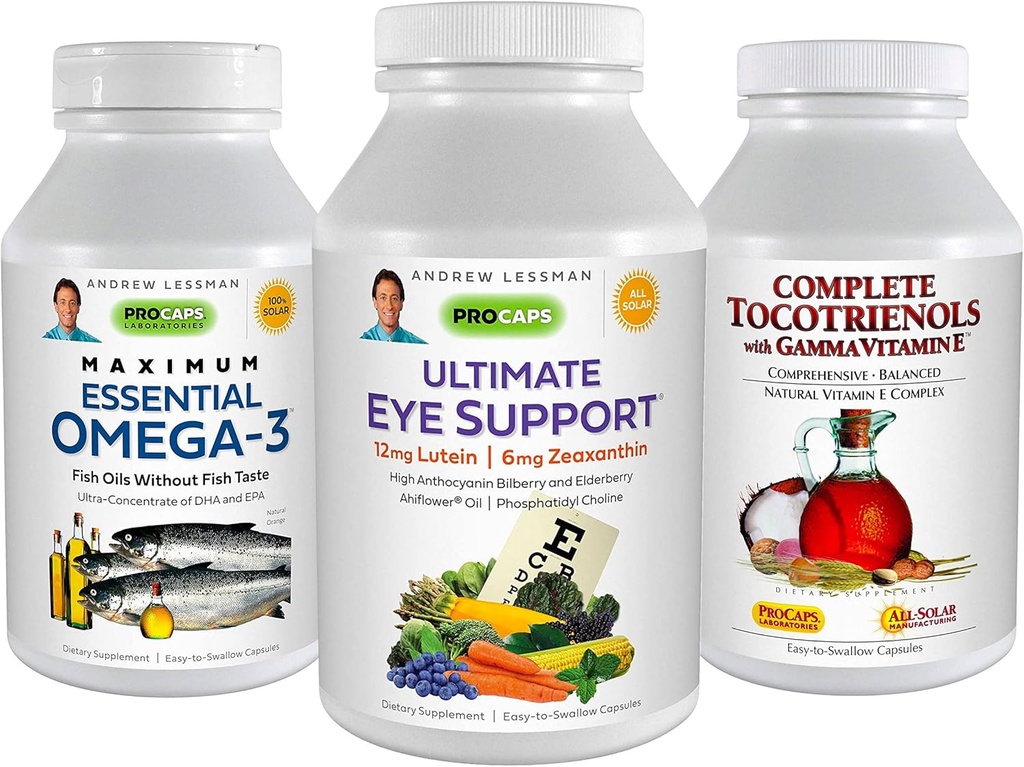 ANDREW LESSMAN 3 Produit Eye Health Bundle - 360 Softgels Chacun de Ultimate Eye Support, Maximum Essential Omega-3 et Complete Tocotrienols. Promouvoir et soutenir la santé oculaire.