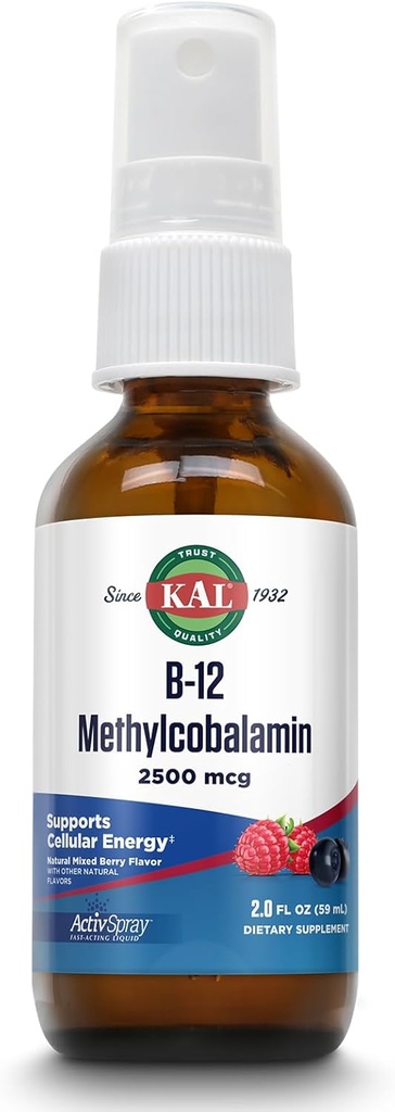 KAL Vitamine B12 Méthylcobalamine ActivSpray 2500mcg, Énergie saine, Métabolisme, Nerve et soutien des cellules sanguines rouges,* Liquide à action rapide B12, Absorption maximale, Saveur de baie naturelle, 80 portions, 2 fl oz