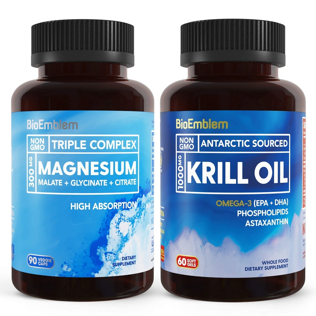 BioEmblem Triple Magnésium Complex et Antarctique Krill Oil, soutient la santé du sommeil et du cerveau, le coeur et la santé articulaire, favorise la santé cardiovasculaire et soutient la relaxation