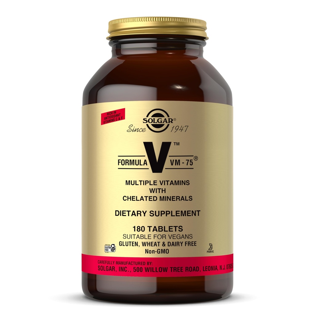 Formule de Solgar VM-75, 180 Comprimés - Multivitamine avec des minéraux chélatés - Vitamine A, B6, B12, C, D, E - Biotine, Magnésium, Calcium, Fer, Zinc - Vegan, Sans gluten, Sans laiterie, Casher - 180 portions