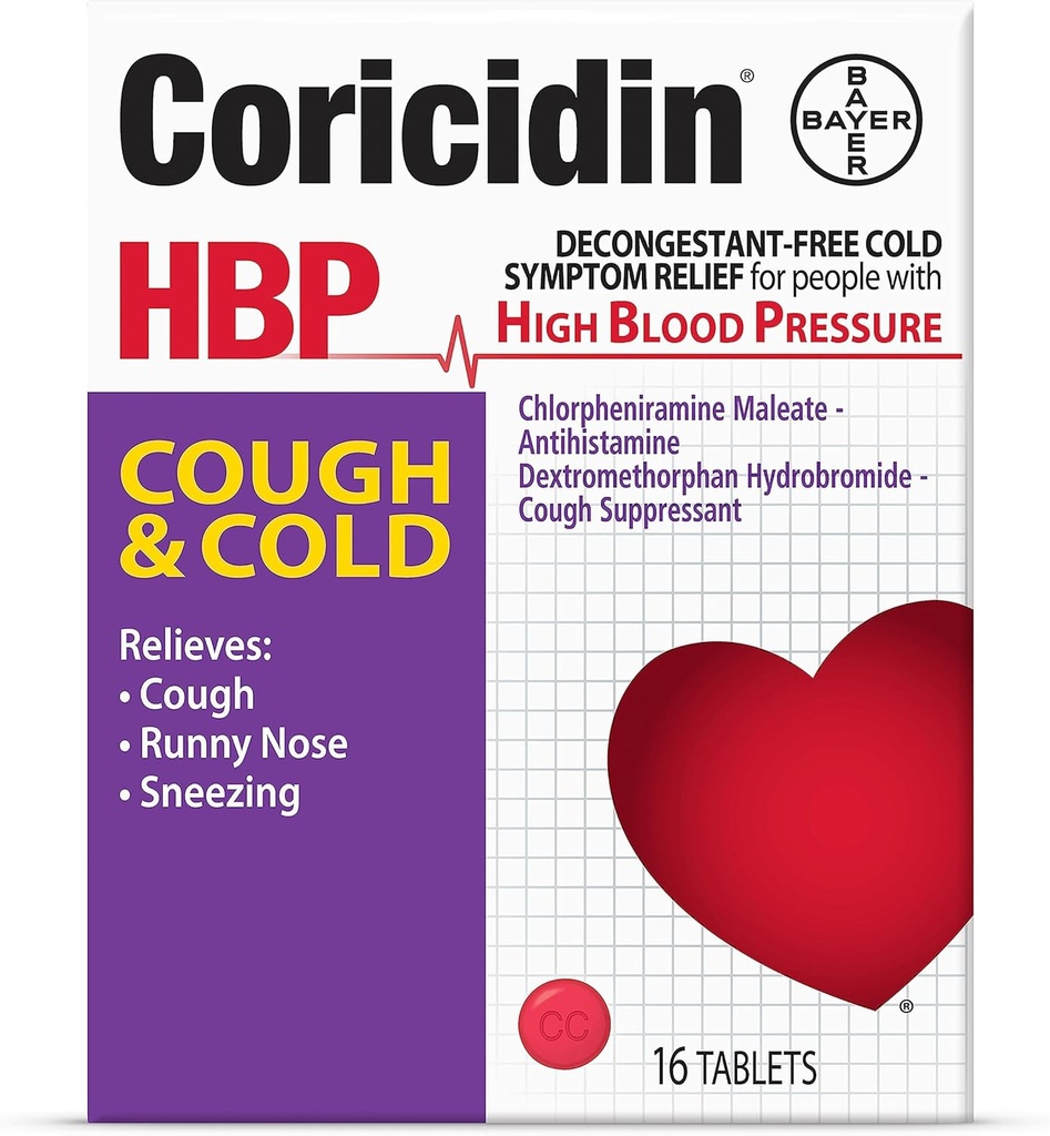 Coricidin HBP Médecine de la toux et du froid sans décantation - Soulagement spécialement conçu pour la haute pression artérielle, la toux, le nez runny, les éternuements et les symptômes du froid (16 comte)
