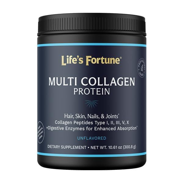 Multi Collagen Peptides Types I, II, III, V & X Hydrolyzed Protein Powder – Grass-Fed, Blend with Digestive Enzyme – for Skin, Hair, Nails, Joints & Gut Health, Unflavored