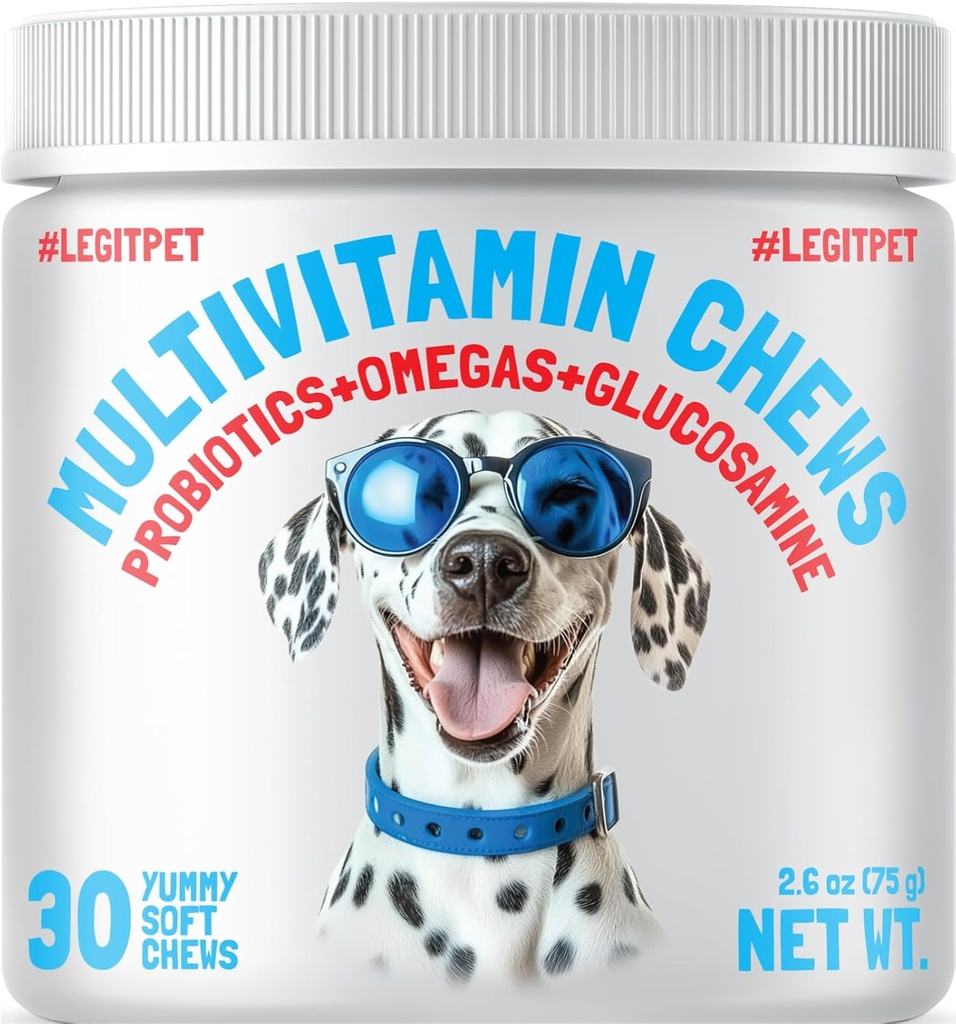 LEGITPET Vitamines pour chiens - 30 multivitamines Chews w/Glucosamine Chondroïtine, Probiotiques Enzymes digestifs et Omégas - Supplément pour la santé globale - Soutien articulaire, Santé immunitaire, Santé de la peau et du coeur
