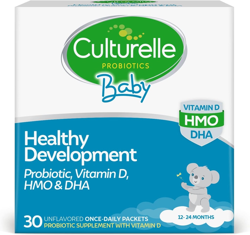 Culturelle Baby Healthy Development Probiotic, Vitamine D, HMO & DHA Packets, aide à promouvoir un système immunitaire sain et système diagnostique* chez les bébés et les enfants 1+, sans gluten et non-OGM, 30 comtes (paquet de 1)