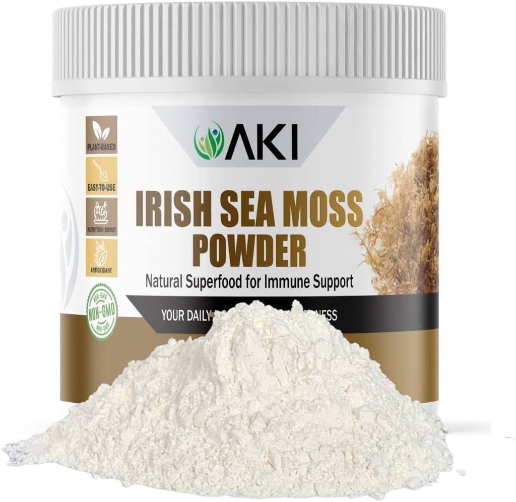 AKI Irish Sea Moss Powder - Riche en 92 minéraux et vitamines essentiels, y compris l'iode, le potassium et le magnésium - Idéal pour les smoothies et les jus - 100% végétalien, non OGM et soutient le bien-être (6Oz/170g)