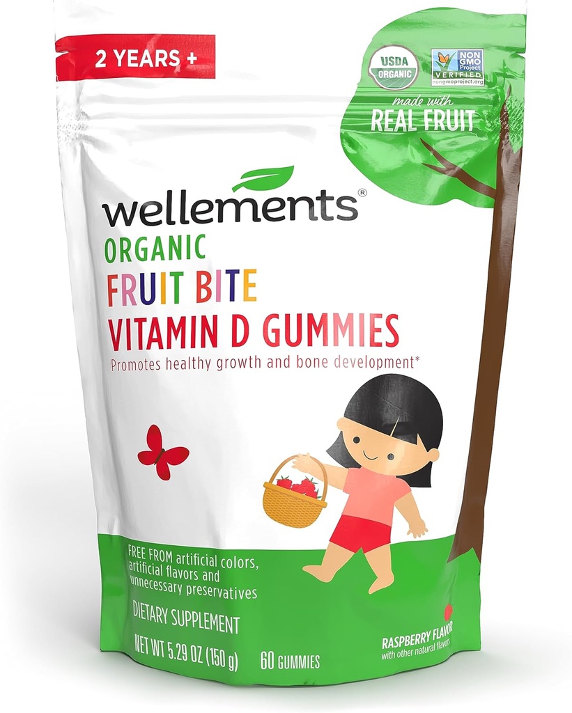 Bienments Bite de fruits biologiques Vitamine D Gommies de vitamine D3 pour les enfants, supplément pour la croissance saine et le développement des os*, framboise parfumée de 60 jours, 2 ans et plus