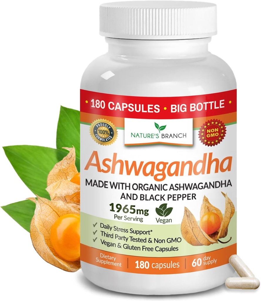 UDAF Verified Organic Ashwagandha with Black Pepper - 180 Capsules - 1965mg Extra Strength for Stress, Sleep, Mood, Thyroïde, Focus, Cheveux, Poudre d'extrait de racine pure végétalienne - Suppléments hommes et femmes