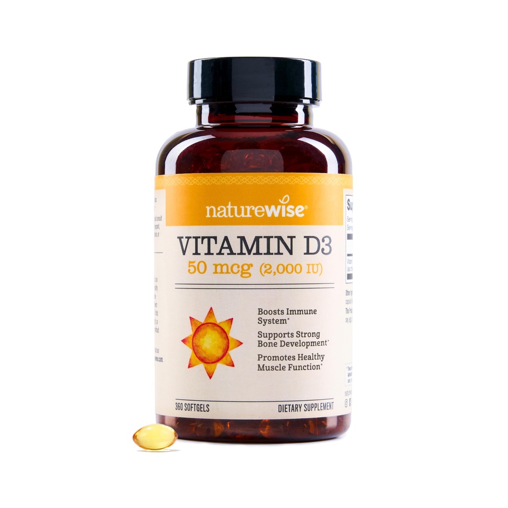 NatureWise Vitamine D3 2000iu (50 mcg) 1 an d'approvisionnement pour le soutien immunitaire, la fonction musculaire saine et la santé des os - Non-OGM, sans gluten dans l'huile d'olive vierge extra biologique, (Mini Softgel), numéro 360