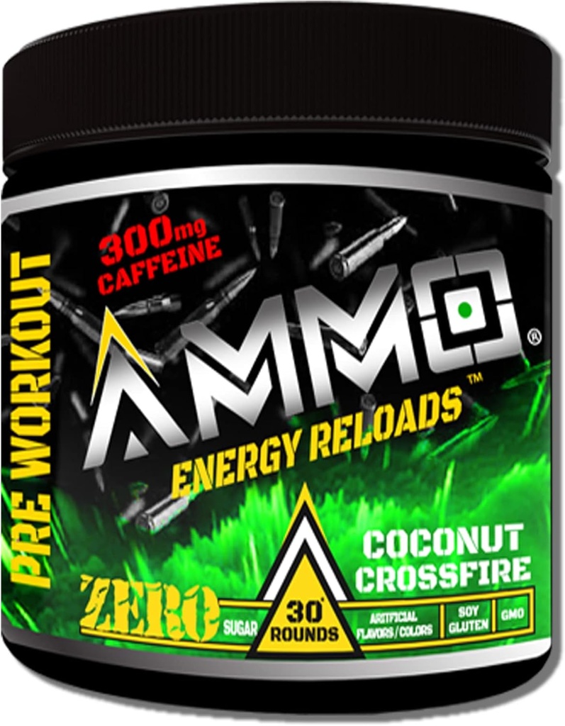 AMMO ® Energy ReloadsTM Pre Workout Poudre - 300mg Caféine Zéro sucre Aminos vitaux et électrolytes Pas d'arôme artificiel ou de couleurs (Coconut Crossfire)