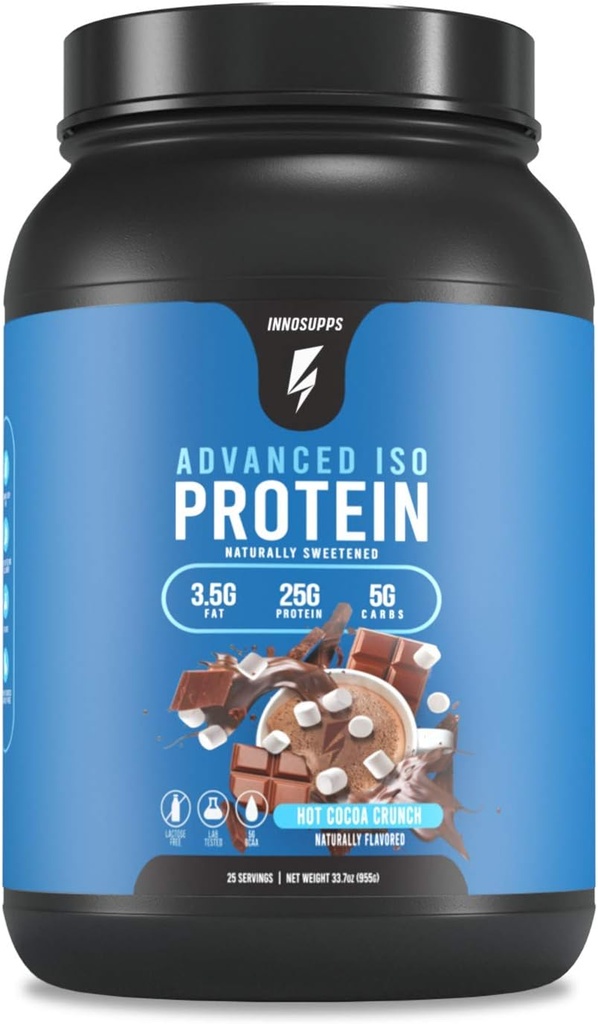 InnoSupps Protéines Iso avancées , 100% Whey Isolate Protéines Poudre , Pas d'adoucissants artificiels , faible teneur en gras , faible teneur en glucides , 25g de protéines , sans hormones , sans gluten , sans soja , (Hot Cocoa Crunch)