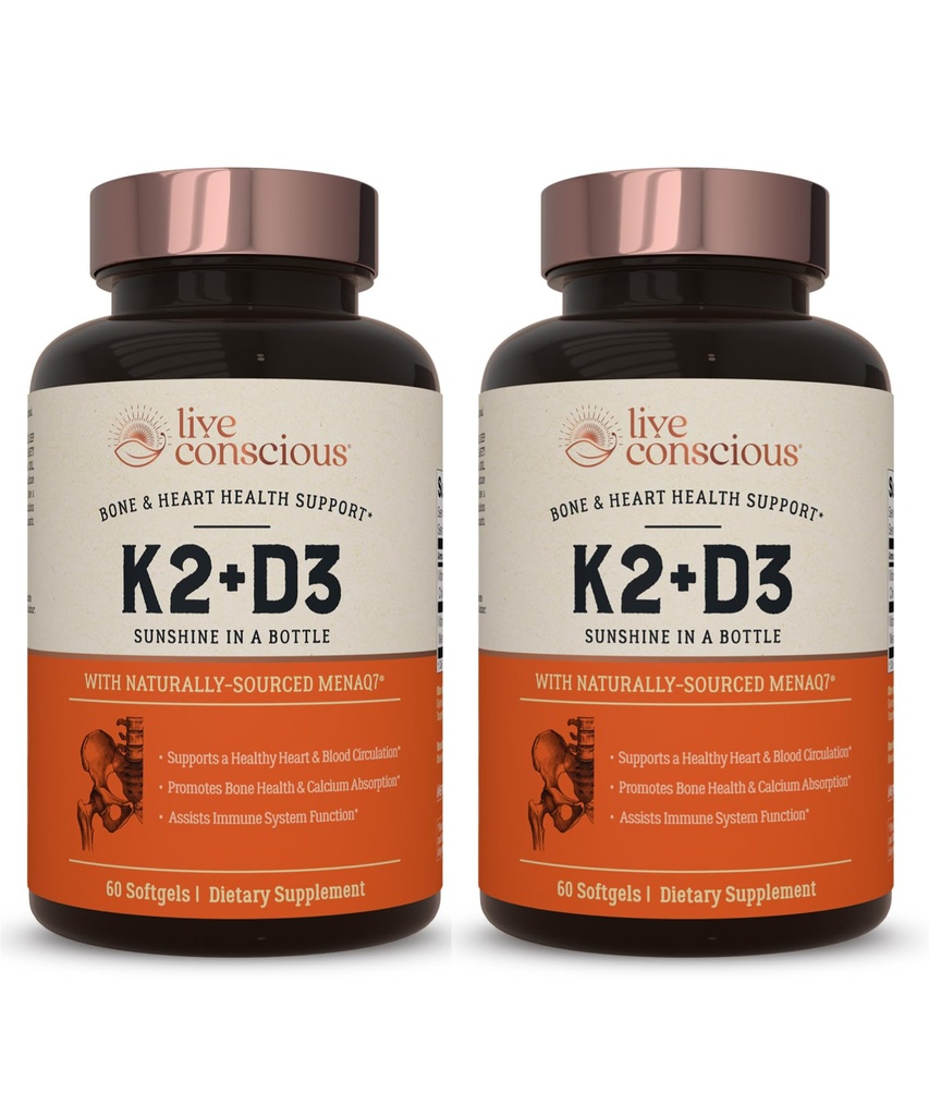 Vitamine vivante consciente K2 MK7 avec supplément D3 )?Support pour la santé des os et du coeur - Vitamine brevetée K & Vitamine D3 5000 UI (2-Pack)