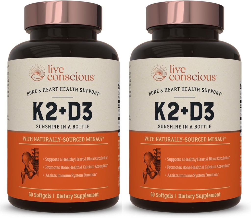 Vitamine vivante consciente K2 MK7 avec supplément D3 )?Support pour la santé des os et du coeur - Vitamine brevetée K & Vitamine D3 5000 UI (2-Pack)