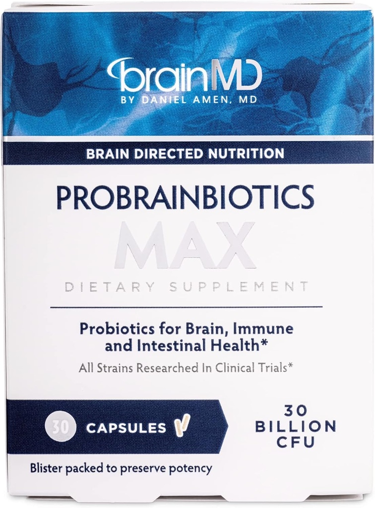 Dr Amen BrainMD ProBrainBiotique MAX - 30 capsules - Probiotiques pour la santé cérébrale, immunitaire et intestinale - Sans gluten - 30 portions