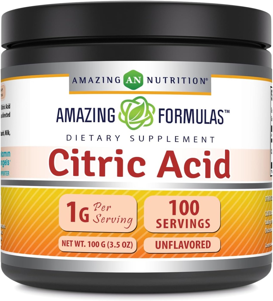 Formules étonnantes Supplément en poudre d'acide citrique (Citrique Acid Powder) : 1 gramme Sans saveur (non-OGM) Sans gluten (Fabriqué aux États-Unis) (1 paquet, 100 grammes)