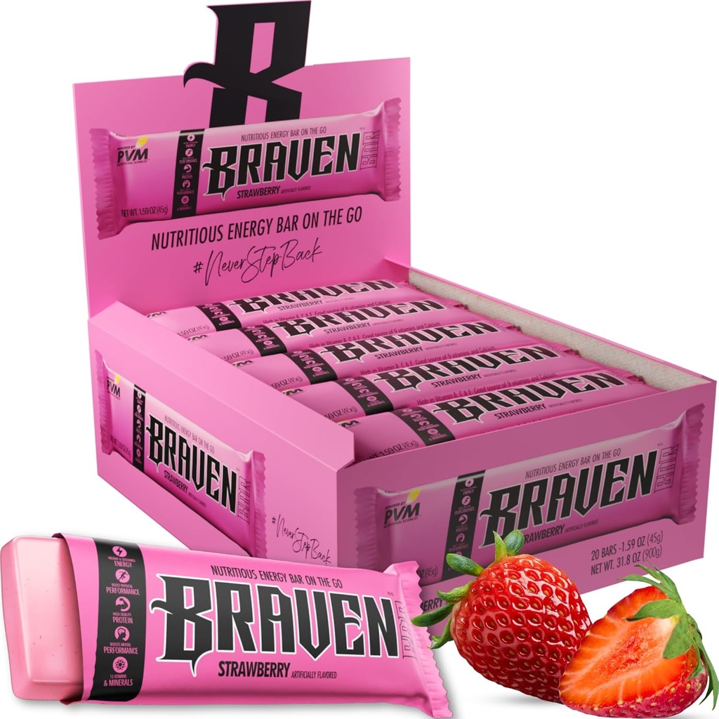 Barres d'énergie de fraise de Braven Bar (1,59 oz, paquet de 20) – Bouchées d'énergie avec 5g de protéines – collations d'énergie sur le trajet pour la course, la randonnée et le sport - collations sans gluten pour stimuler l'énergie durable