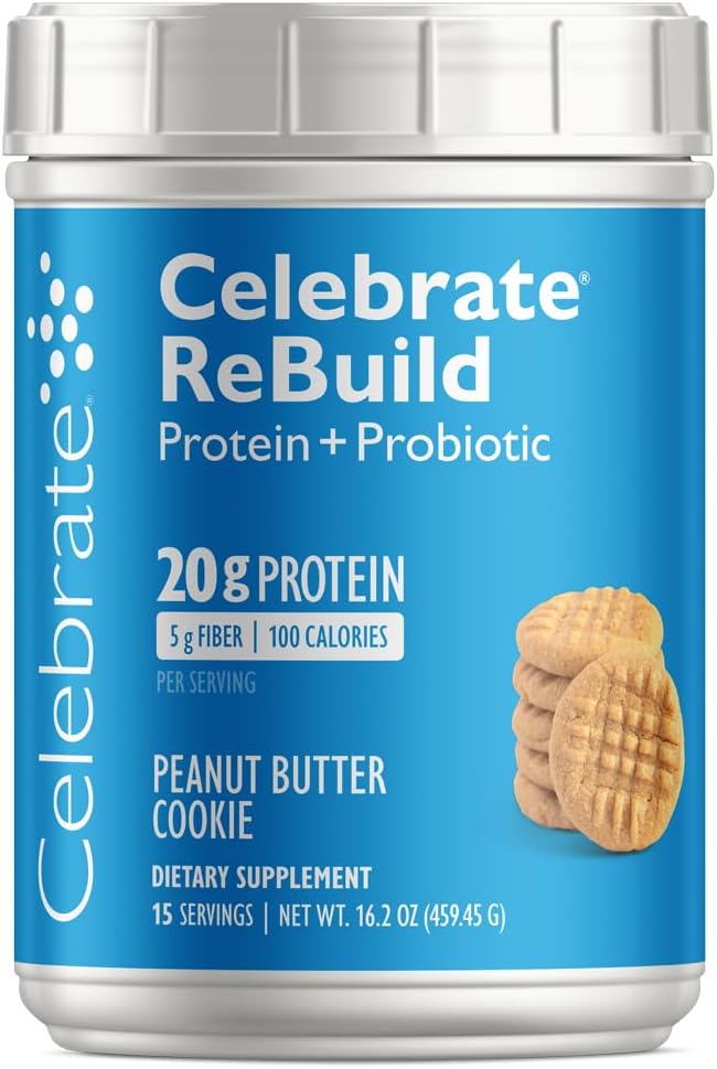 Célébrez les vitamines Reconstruire la poudre de protéines avec les probiotiques et les prébiotiques - 20g Whey Isolate Protein, haute fibre, pour les patients de chirurgie bariatrique - PB Cookie (15 portions)