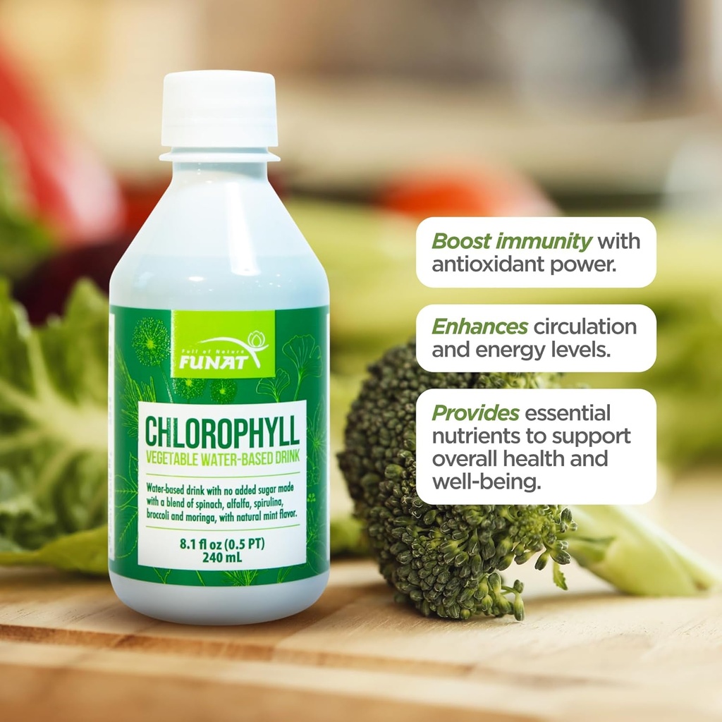 FUNAT Chlorophylle plus liquide avec saveur de menthe naturelle - Supplément vert nutrient-Rich pour l'énergie et le bien-être, gouttes faciles à utiliser - 8.1 FL OZ