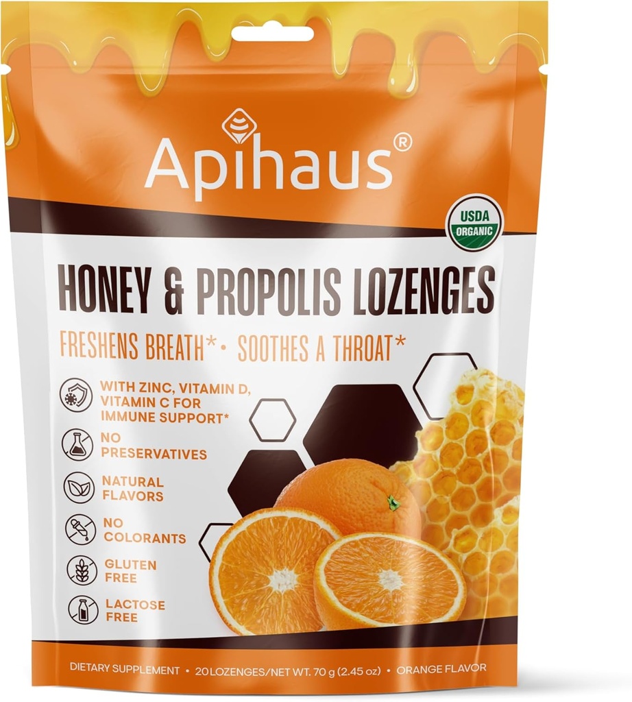 Miel et propolis Lozenges Arôme d'orange, rafraîchit la respiration - Adoucit une gorge- Immune Soutien avec vitamine C, vitamine D et zinc, 20 Compte