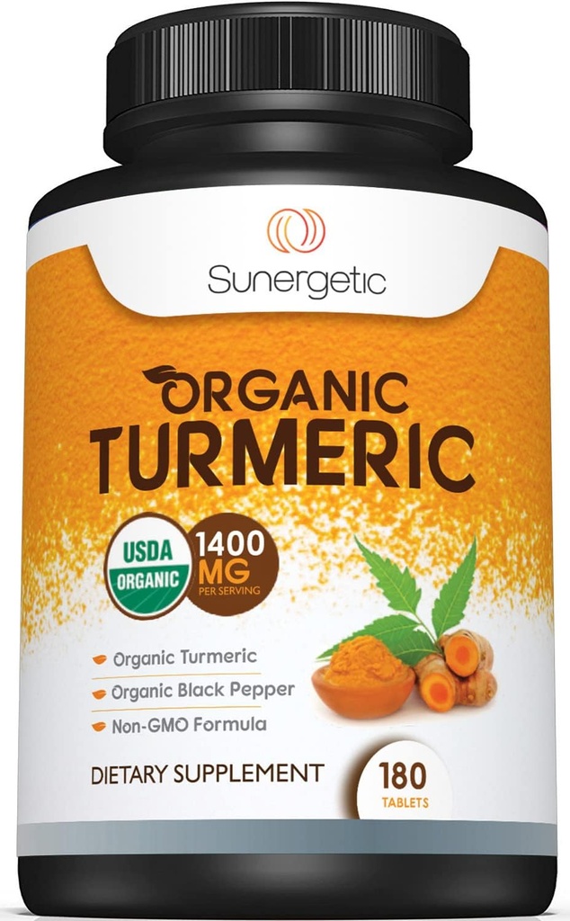 Sunergetic USDA Certified Turmeric Supplément – Comprend le curcuma biologique et le poivre noir biologique – 1 400mg de curcuma par service - 180 Nombre (paquet de 1)