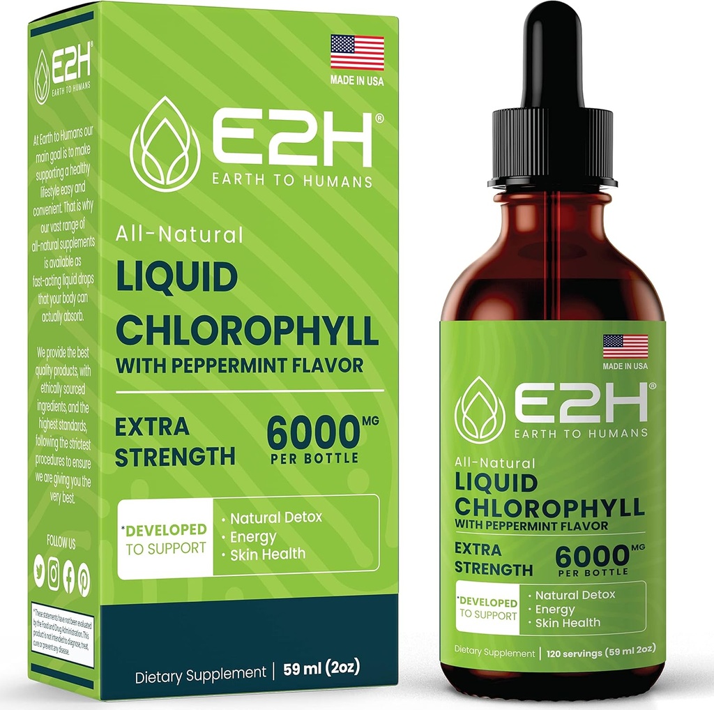 Gouttes liquides de chlorophylle E2H - Booster d'énergie naturelle, support du système immunitaire et désodorisant interne - Arôme de menthe poivrée - 2 Fl Oz
