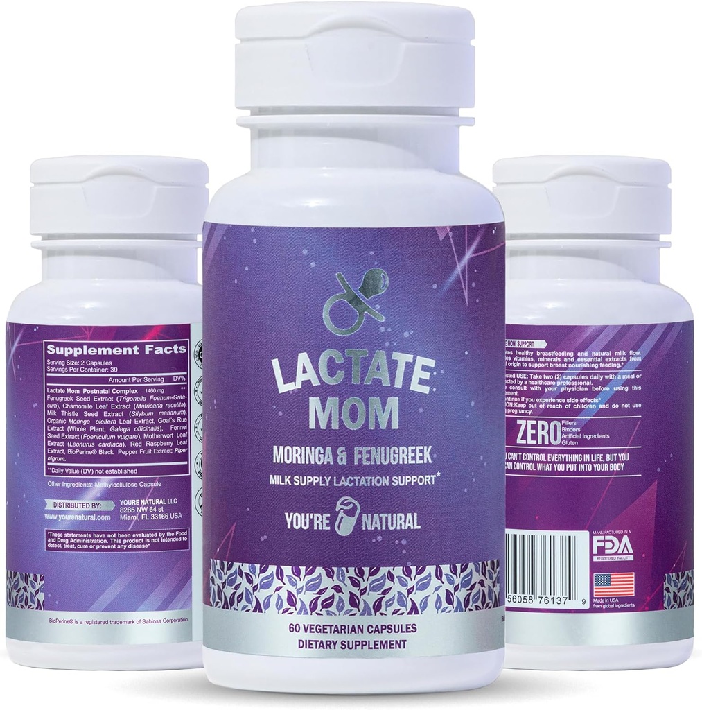YOU'RE NATURAL Lactate Mom Postpartum Support Breastfeeding Vitamins for Mom & Baby, Organic Moringa, Milk Thistle, Fenugreek, Goat´s Rue and Chamomile 60 Vegetarian Capsules