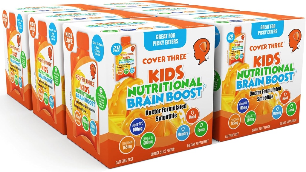 Couvrez trois suppléments pour enfants Supplément Cerveau Smoothie, Omega 3 Enfants liquides Huile de poisson DHA, Santé Enfants Focus et attention, Soutien émotionnel, 20 Pouches, Pack 6