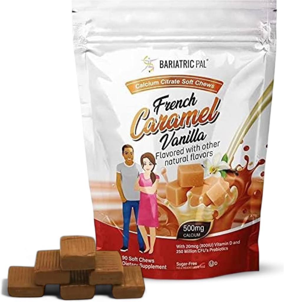BariatricPal Calcium sans sucre Citrate doux Chews de 500mg avec vitamine D et probiotiques de Vanille Français Caramel de 90 Nombre (1 mois d'approvisionnement)