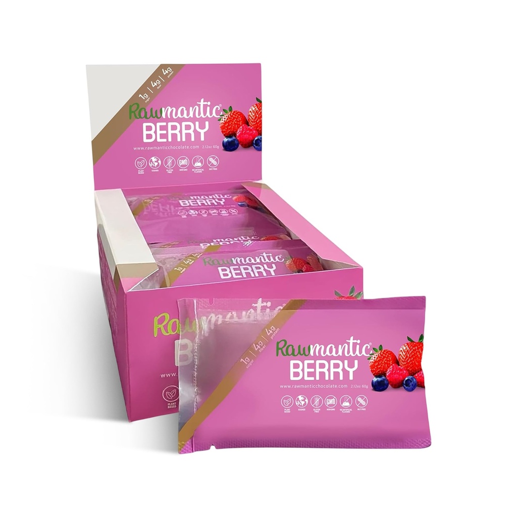Bars d'énergie végétalien au chocolat Rawmantic - 2,1 Oz (paquet de 12) - Bars de snack au chocolat - Bars de baies mélangées sans noix, sans lait et sans gluten - Parfait pour les régimes végétaliens - Bars d'énergie de chocolat au chocolat mélangé non-OGM