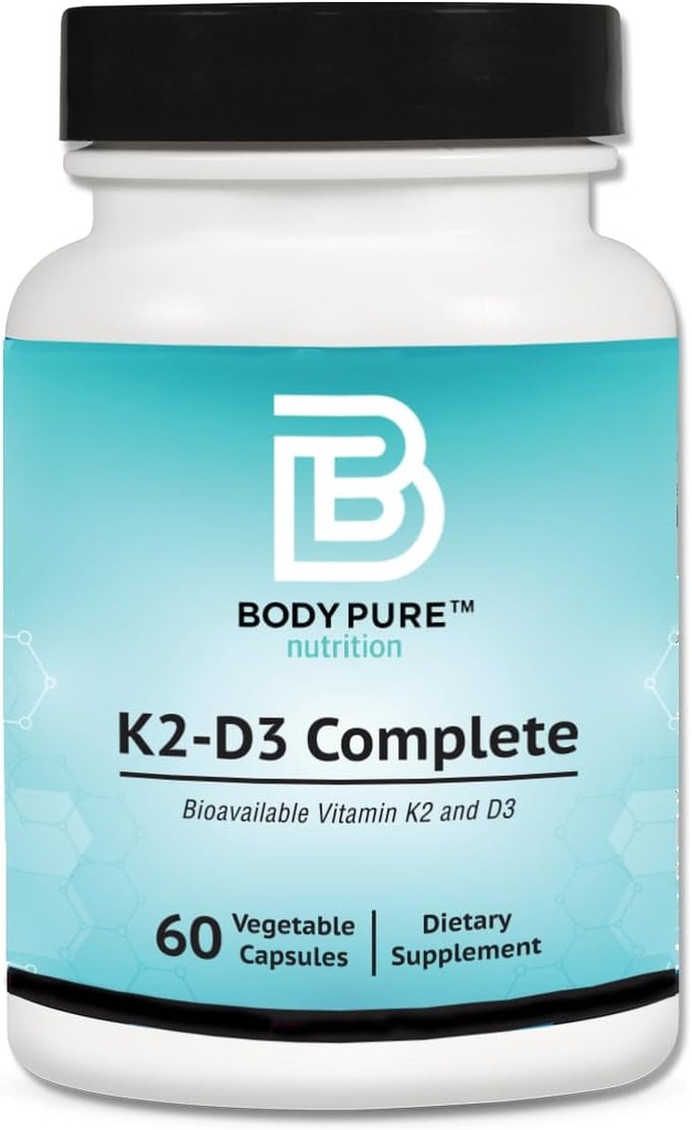 Body Pure K2-D3 Complete - 5000iu of Vegan D3 & 45mcg of Vitamin K2 as MK7 (MenaQ7® PRO)| One a Day Formula, Non-GMO Verified, Vegan Certified, Gluten & Soy Free - 60 Capsules