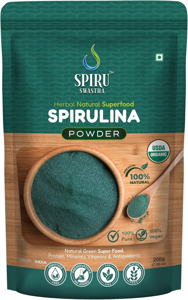 Poudre de spiruline biologique, 100% végétalien, aliments naturels à base de plantes avec protéines, vitamines, minéraux, non-OGM, non-irradiation, certifié USDA (200 Gram)