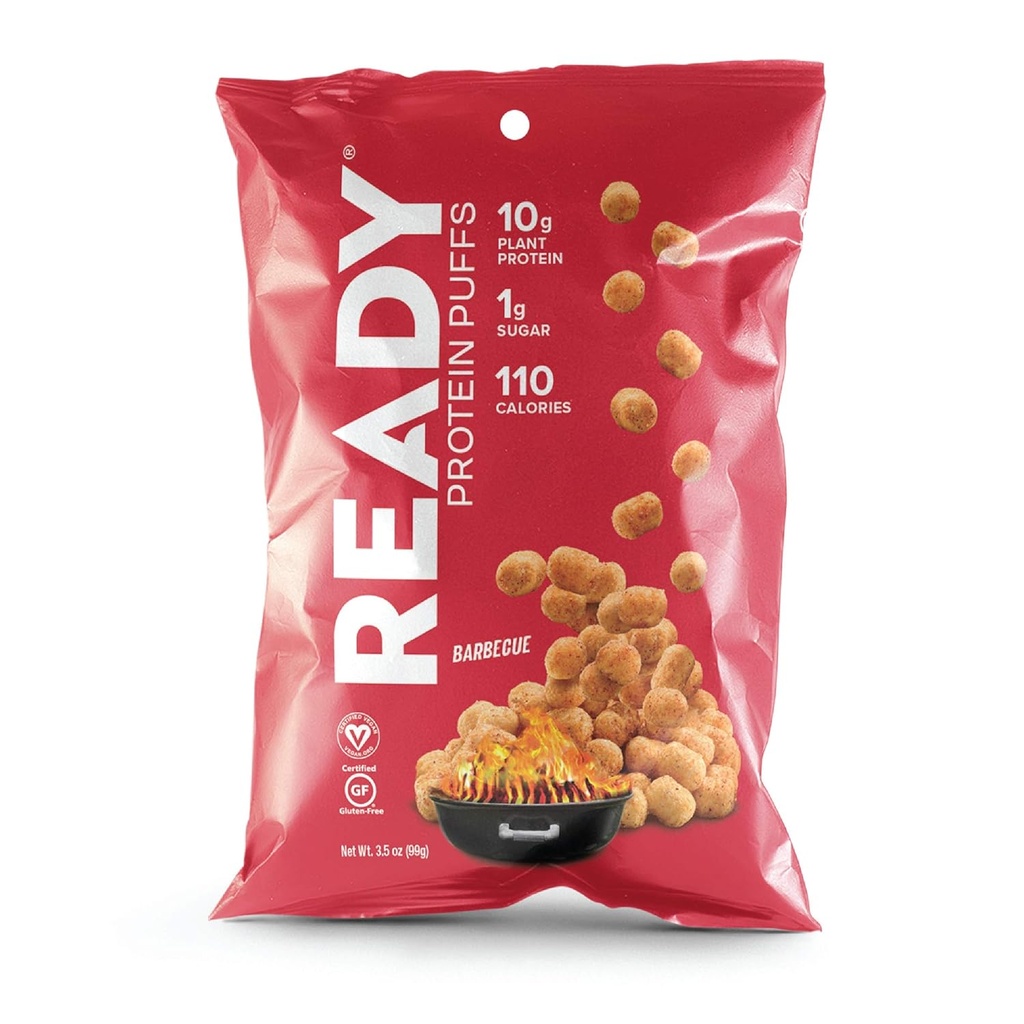 Puffes aux protéines Ready® – Snack à haute teneur en protéines – 10g de protéines végétales, 110 calories – végétalien, sans gluten, sans arômes artificiels – barbecue (boîte de 6, 3,5 oz)
