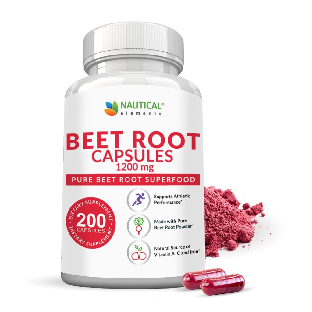Capsules de racines de betterave - 1200mg par portion - 200 Capsules de poudre de racines de betterave - La poudre de betterave soutient la pression artérielle, la performance athlétique, le digestif, le système immunitaire (pur, sans OGM et sans gluten)