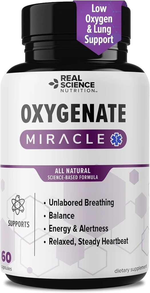 Real Science Oxygénate Miracle – Supplément de soutien pulmonaire pour aider à soulager les plaies, l'essoufflement, le rythme cardiaque rapide et la fatigue – améliore la circulation pour les poumons clairs et le soutien respiratoire, 60 capsules