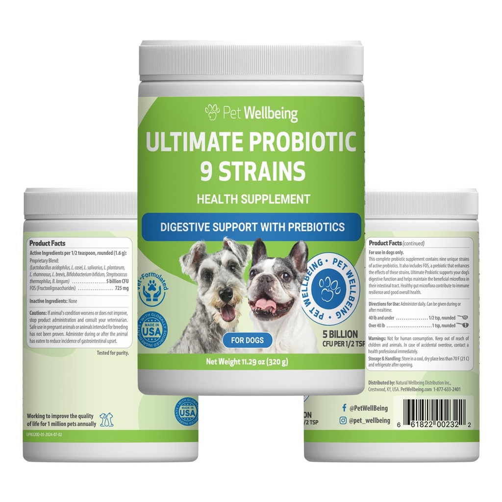 Animaux de compagnie Bien-être Ultime Probiotique 9 souches pour chiens et chats - Supports Le microbiome et la digestion Gut, soins du système immunitaire, santé urinaire, FOS, 2,5 milliards CFU - 11,29 oz (320 g) Poudre