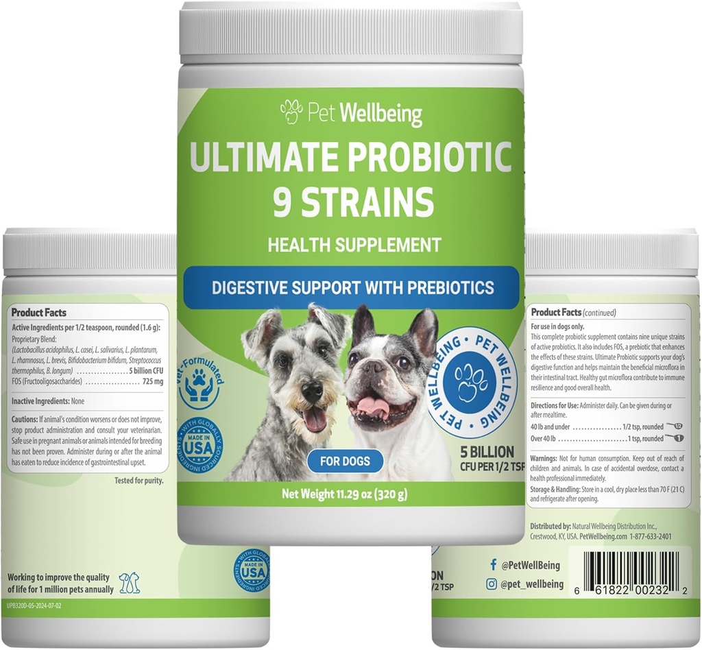 Animaux de compagnie Bien-être Ultime Probiotique 9 souches pour chiens et chats - Supports Le microbiome et la digestion Gut, soins du système immunitaire, santé urinaire, FOS, 2,5 milliards CFU - 11,29 oz (320 g) Poudre