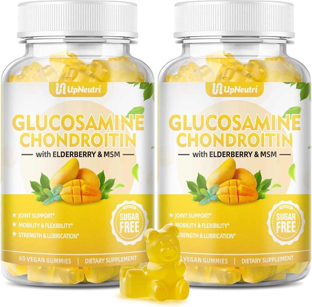 Sans sucre Glucosamine Chondroitine Gummies, Extra Strength 1500mg Glucosamine avec Chondroitine MSM & Elderberry & Turmeric, Supplément de soutien conjoint pour les hommes et les femmes Déplacer libre santé conjointe