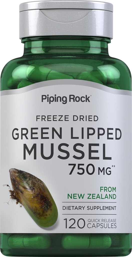 Pipping Rock Green Liped Mussel 750mg.120 Capsules.com Supplément pour humains.com Gelée séchée de Nouvelle-Zélande.