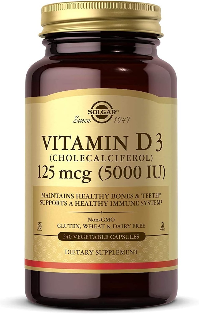 Solgar Vitamine D3 (Cholecalciferol) 125 mcg (5000 UI), 240 capsules végétales - aide à maintenir des os et des dents sains - système immunitaire - non-OGM, sans gluten - 240 portions totales