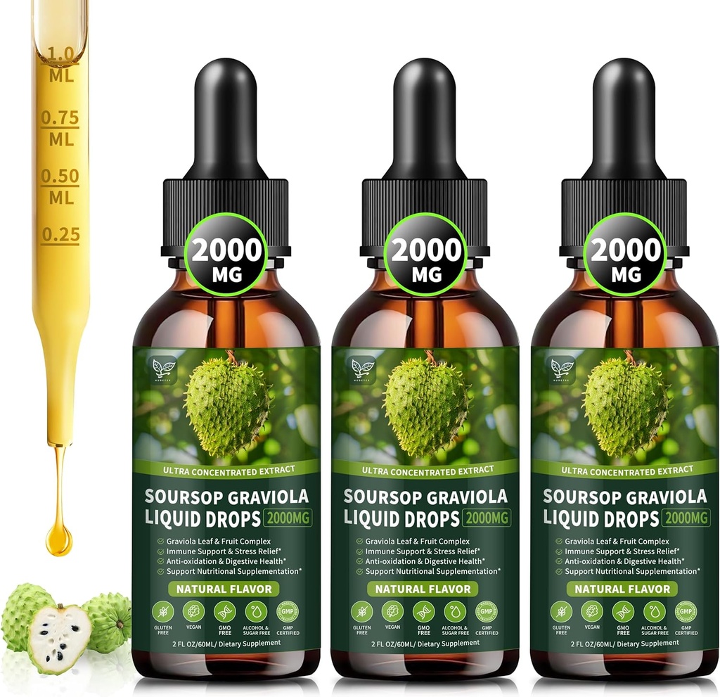 (3 Pack) Sourop Graviola gouttes liquides 2000mg, 98% Absorption pour le soutien cellulaire et la régénération, Immune Boost, Foie, Bien-être à base de plantes, Sourop Bitters sans sucre liquide/Gluten, Saveur naturelle, 6 Fl Oz