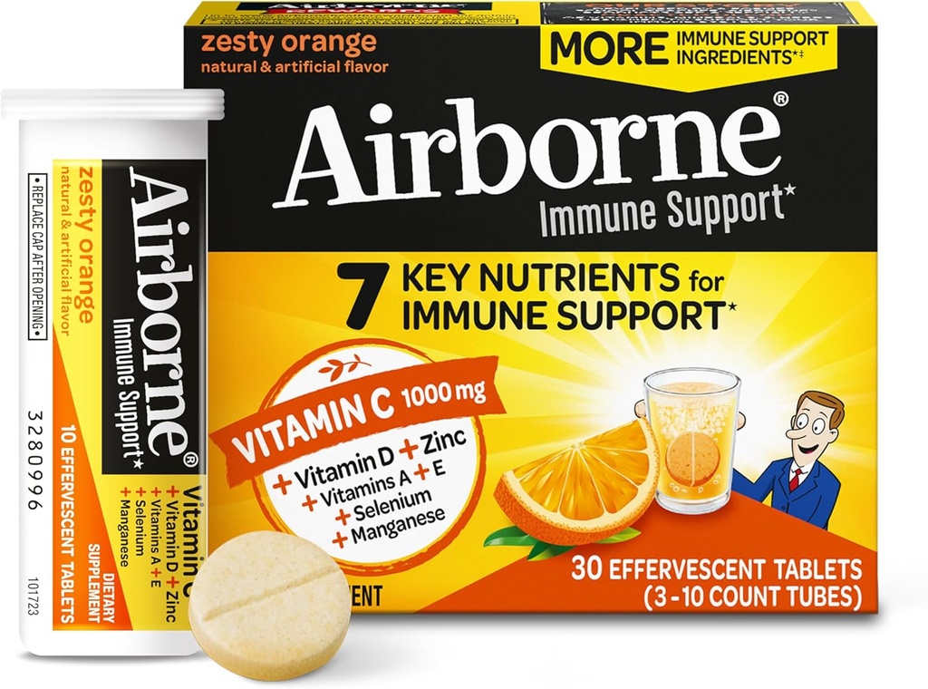 Airborne 1000mg Vitamine C avec vitamine D & Zinc, sans sucre Multivitamine Imune Supplément de soutien, Antioxydants Vitamines A C & Vitamine E, 30 comprimés effervescents, Zesty Orange Saveur