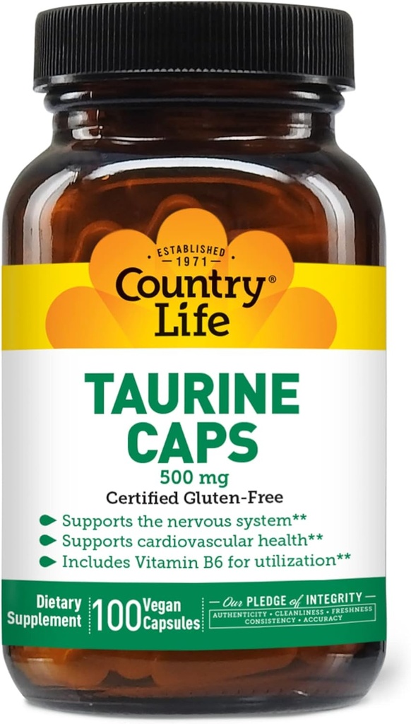 Country Life Taurine Supplément 500mg - Supports Système cardiovasculaire et nerveux- 100 Capsules