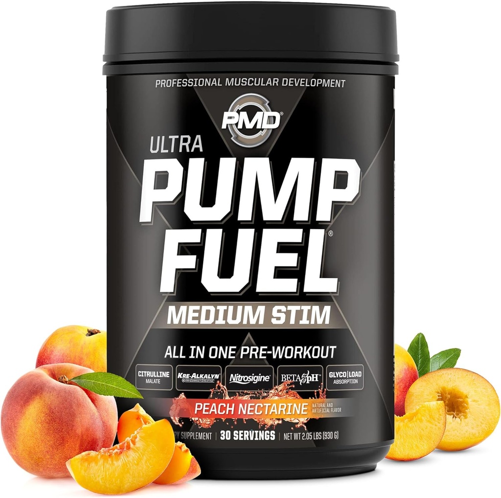 Pompe de sport PMD Combustible Ultra Moyen Stim - Pre Workout Premium Powder & Muscle Pump, Plus Focus, Endurance & Recovery, Creatine Premium, Arginine & Beta Alanine - Peach Nectarine (30 portions)