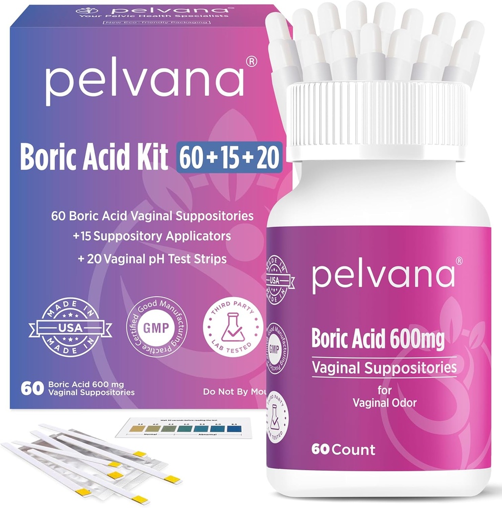 Suppositoires d'acide borique Pelvana pour les femmes 60 + 15 Applicateurs + 20 bandes d'essai de pH = 95 pièces pour l'odeur vaginale - Laboratoire tiers testé et fabriqué aux États-Unis