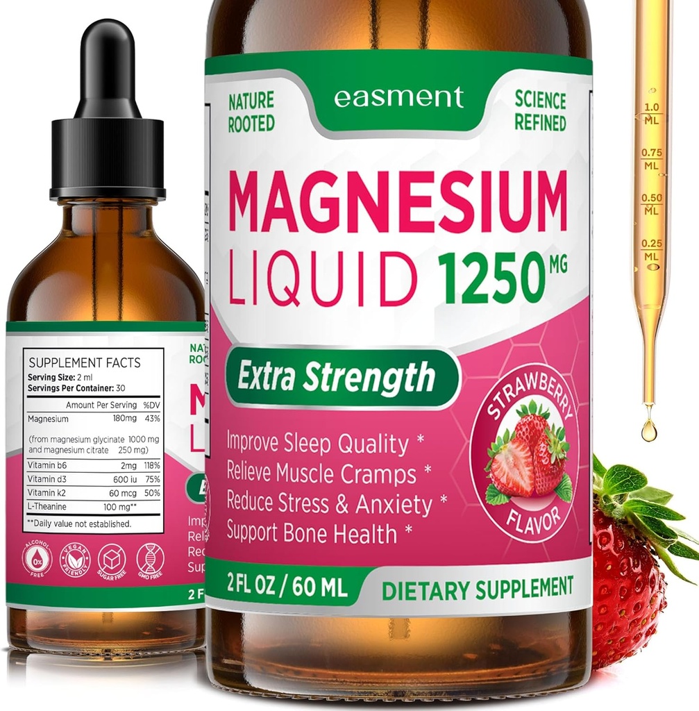 Magnésium Glycinate et Citrate Liquide pour femmes: 1250mg Magnésium, Vitamine B6, D3, K2, & L-Theanine pour la relaxation musculaire, le soutien du sommeil et le bien-être général des femmes et des hommes (2 Fl Oz (paquet de 1))