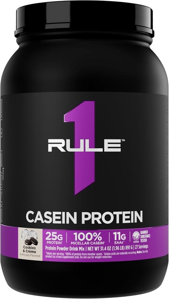 Rule 1 Casein Protein - 25g Protein and 11g EAAs Per Serving from Slow-Release Micellar Casein for Overnight Recovery and Sustained Delivery Between Meals (2 Pounds*, Cookies & Crème)
