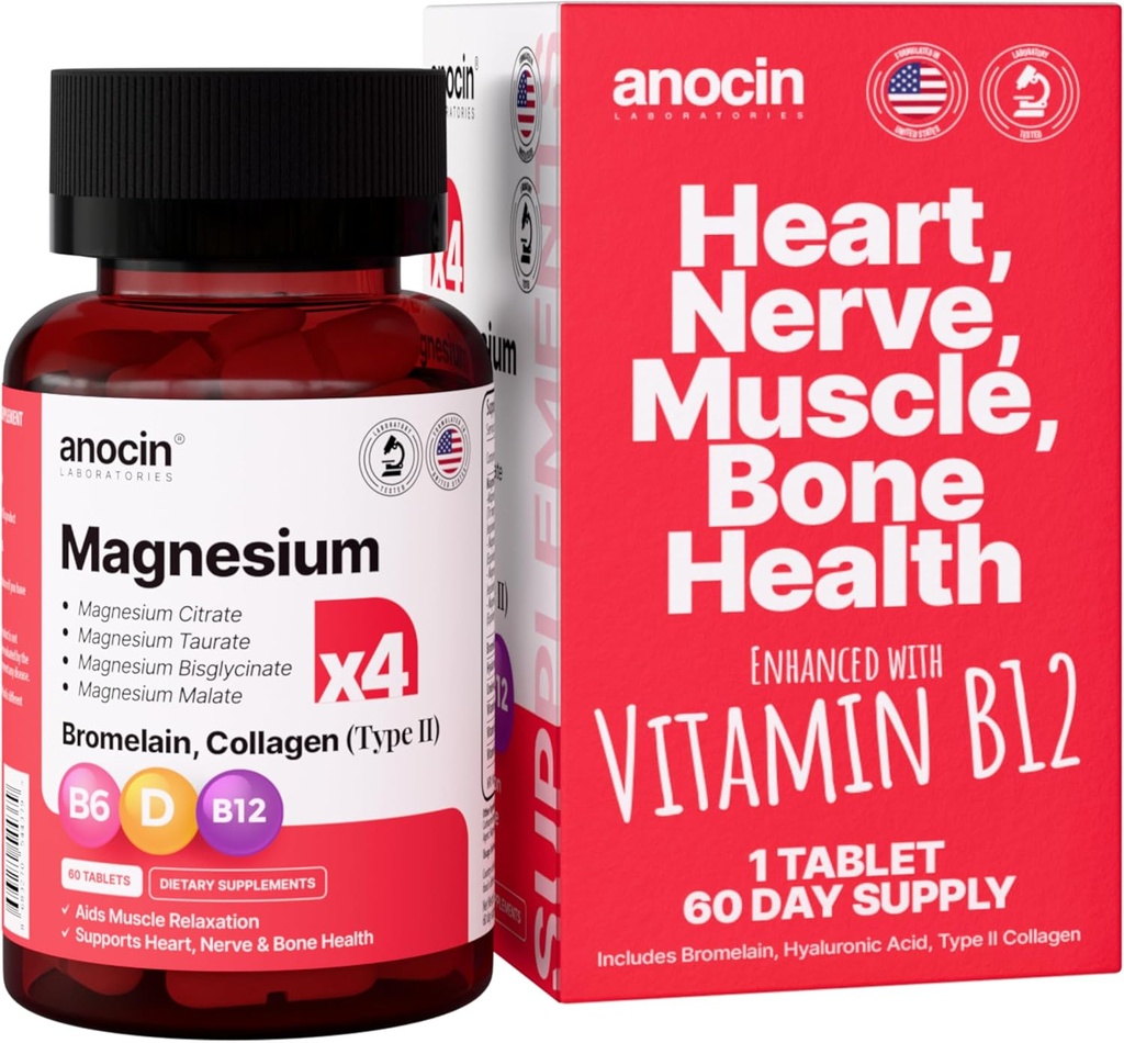 4X Magnésium Complex 200 mg + Magnésium Glycinate + Citrate + B12 Haute Absorption + Taurat + Malate + Bromelain+Collagène (Type II)+Acide hyaluronique+Heart, Muscle+Support de joint, 60 jours