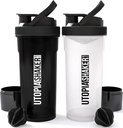 Utopia Home Shaker Bouteille 2 Pack - 24 Ounce Plastic Protein or Cocktail Shaker Bouteille pour pré-entraînement et post-entraînement avec Twist & Lock Protein Box Storage (Tous noir & clair / noir)